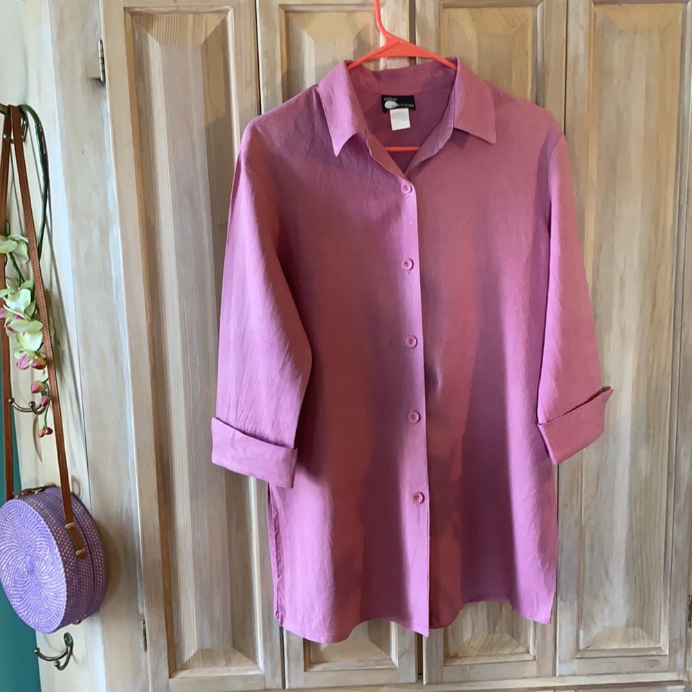 Pink linen rayon button down shirt French cuffs